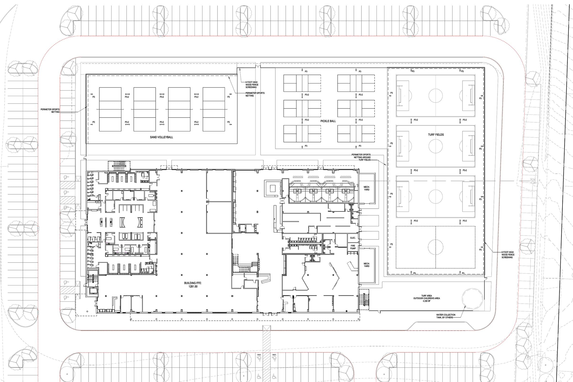 Architectural site plan: sand volleyball, pickleball and turf fields north of the building