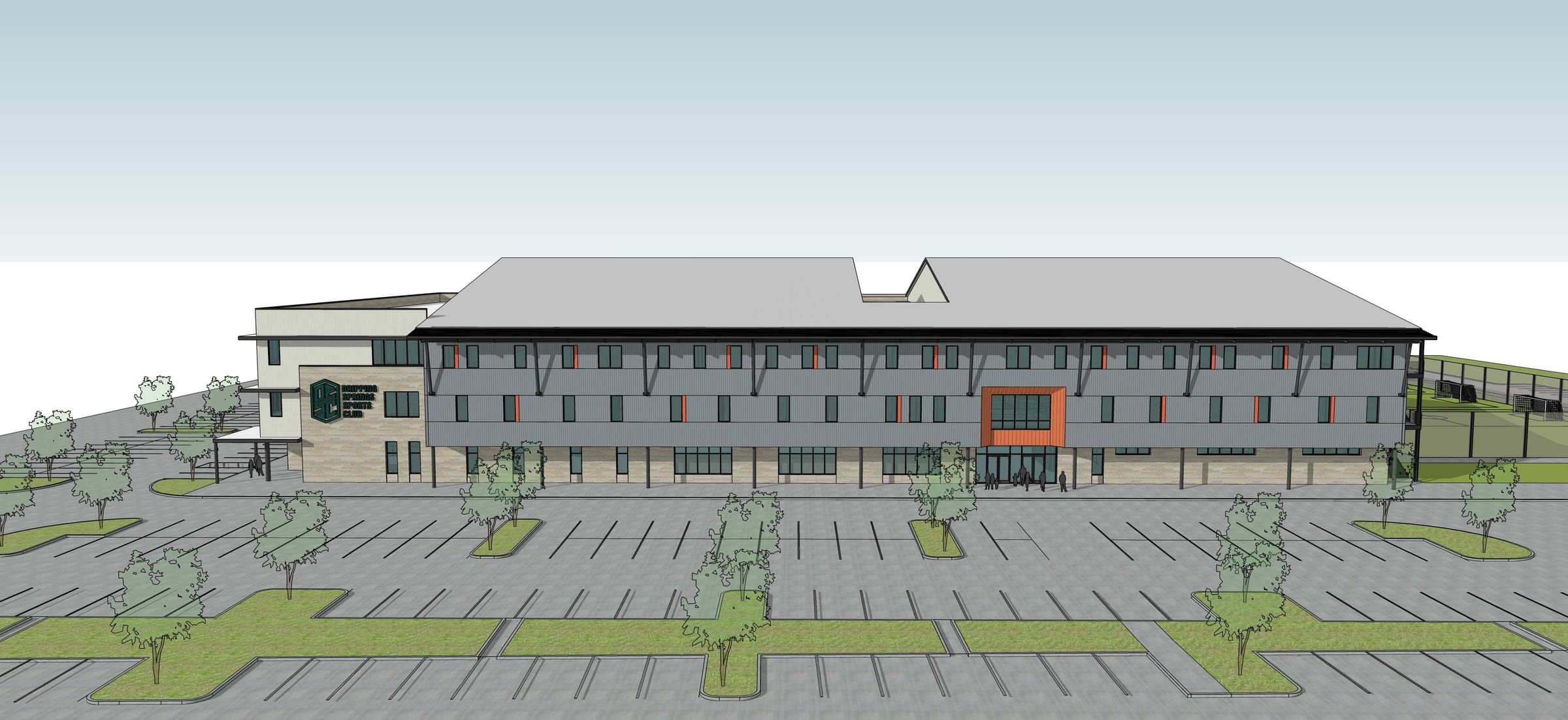 Aerial rendering of the flagship from the south, with the courts, turf fields and parking