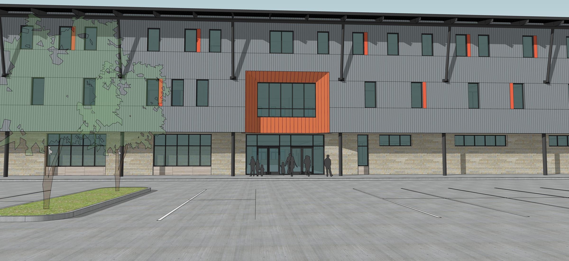 Rendering of the flagship’s south entry: a three-story building with a copper-orange entry portal, families walking in