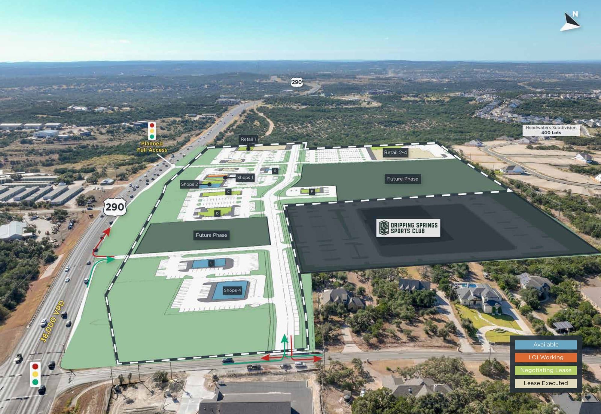 Aerial photo of the site at US-290 and Canyonwood Drive with the DSSC parcel outlined