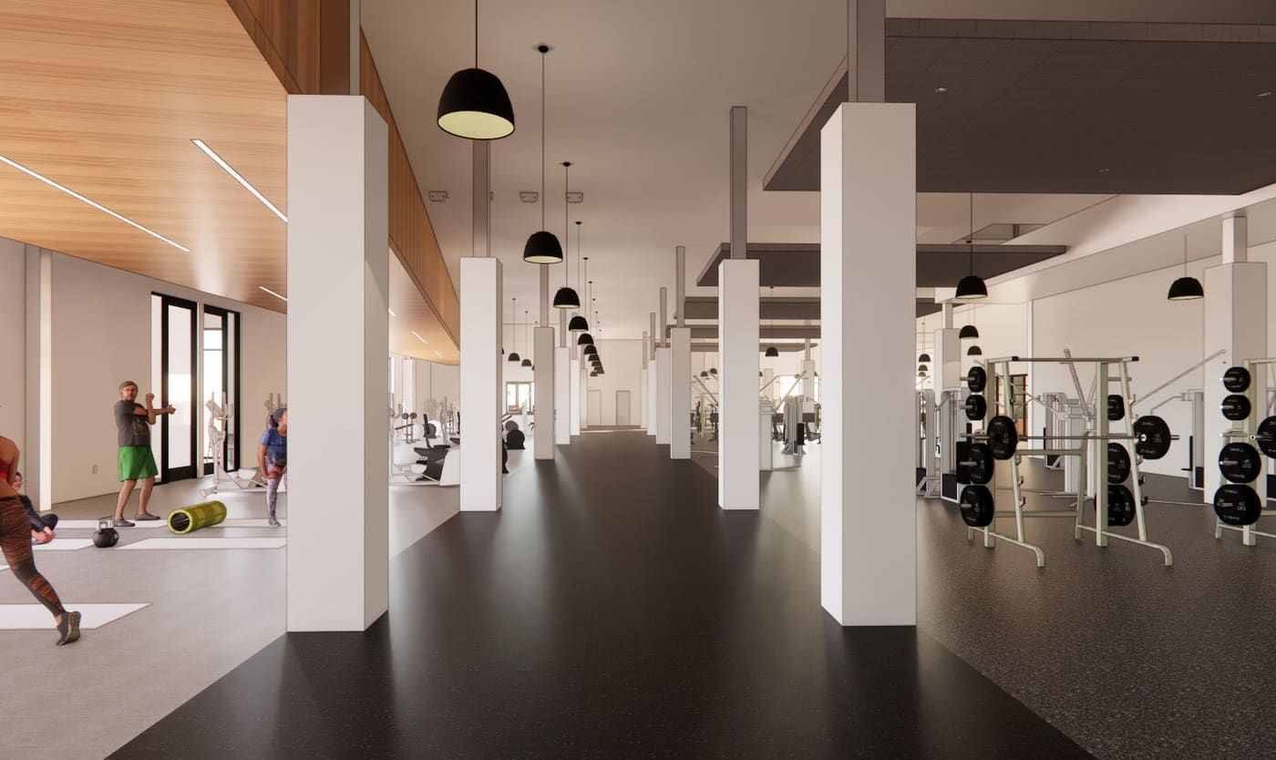 Rendering of the members-only fitness floor with racks, cardio and a stretching area