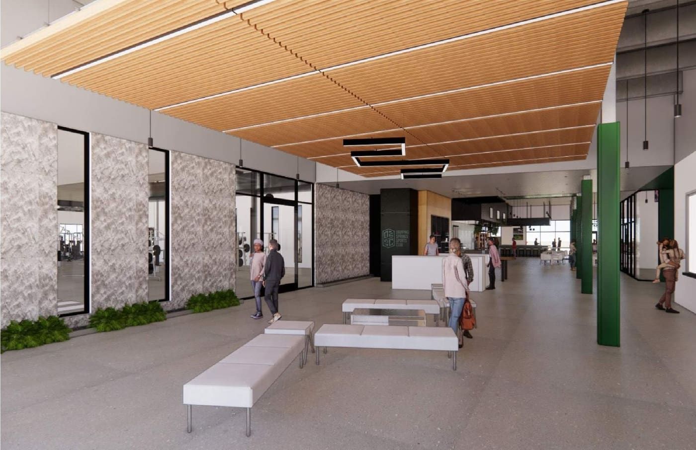 Rendering of the flagship lobby with a slatted wood ceiling, stone walls and a view into the fitness floor