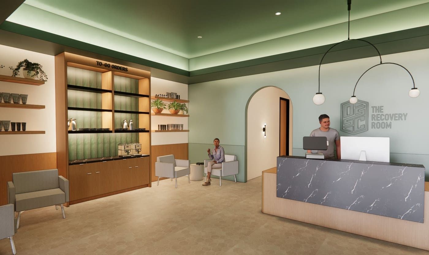 Rendering of the Recovery Room reception with sage walls, a marble desk and a to-go counter